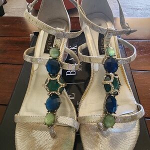 White House Black Market Silver Sandals with Blue and Green Gems